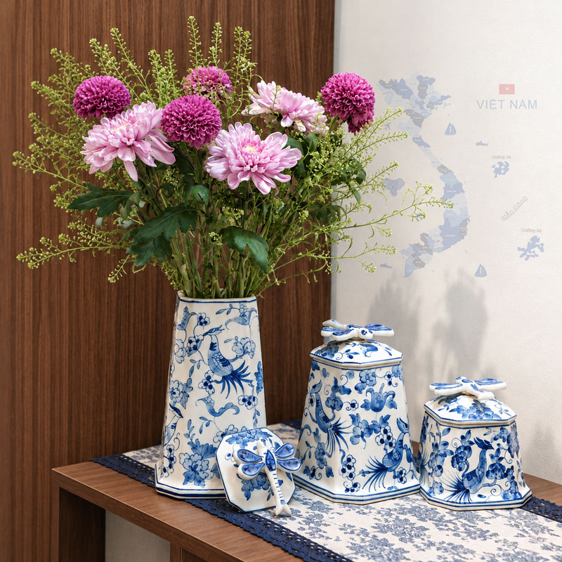 Blue and White Bell Shaped Jars with Hand-Painted Floral and Bird Designs, Elegant Home Decor