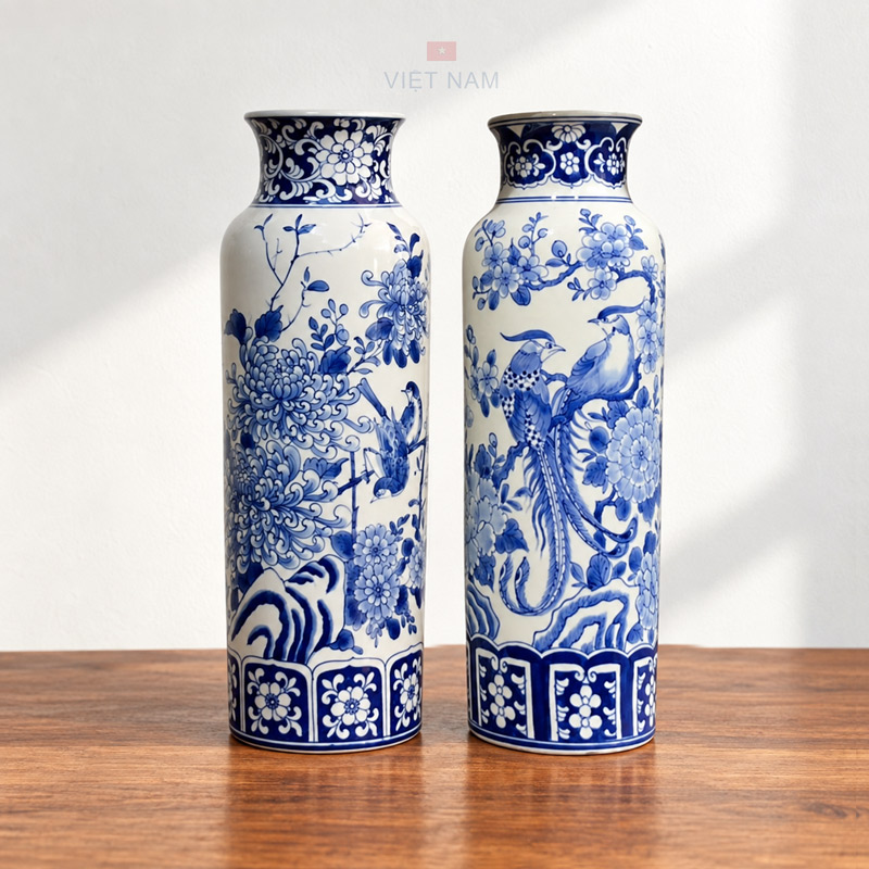Blue and White Bottle Vases, Ceramic Decorative Vases with Floral and Bird Patterns, Vintage Table Decor