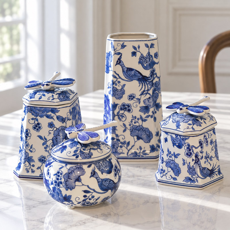 Blue and White Ceramic Jar with Dragonfly Lid, Decorative Porcelain Jar for Desk, Bookshelf and Home Decor