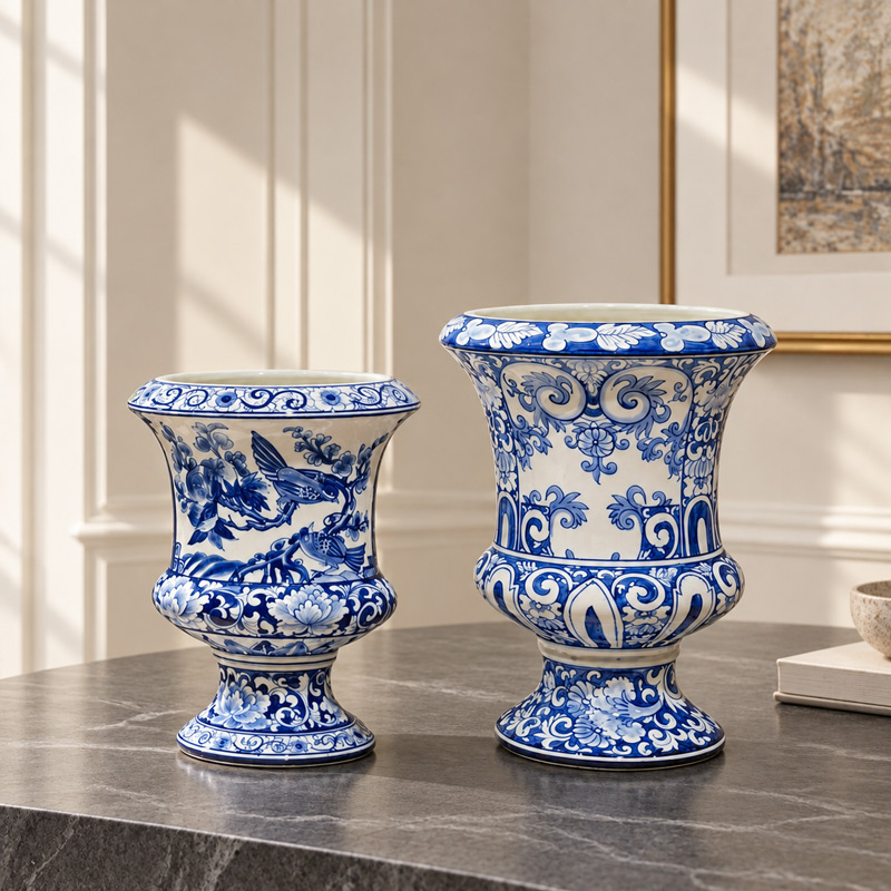 Blue and White Decorative Pedestal Urns, Traditional Floral Pattern Decorative Urns for Living Room, Entryway and Console Table