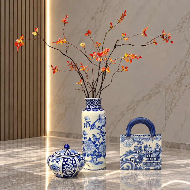 Blue and White Decorative Vases, Ceramic Bottle Vase and Handbag Shape Vase for Elegant Home Decor