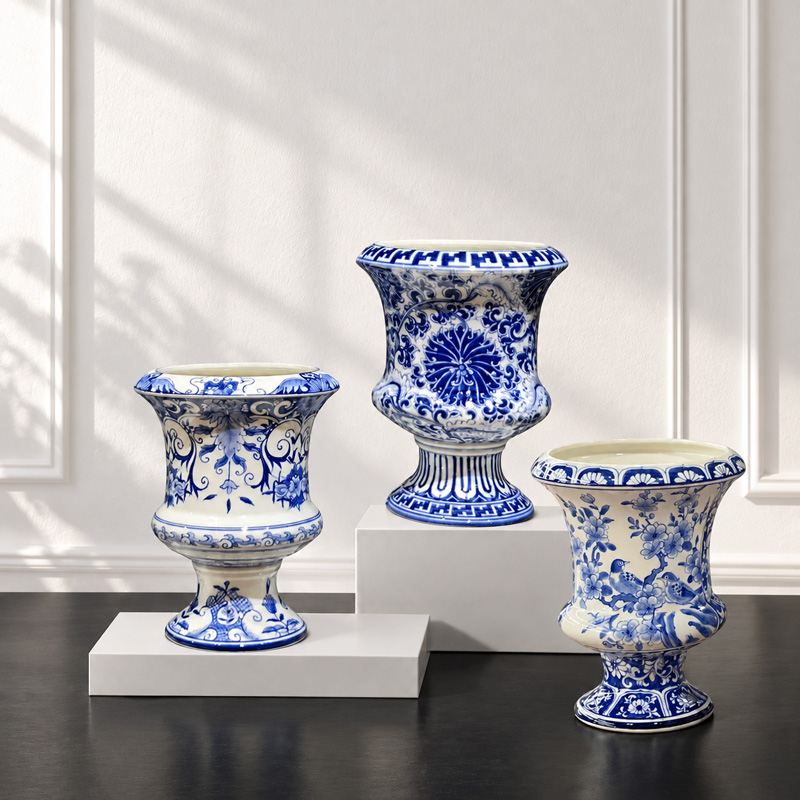 Blue and White Flower Pedestal Urn Vase, Hand-Painted Floral Ceramic Decorative Vase