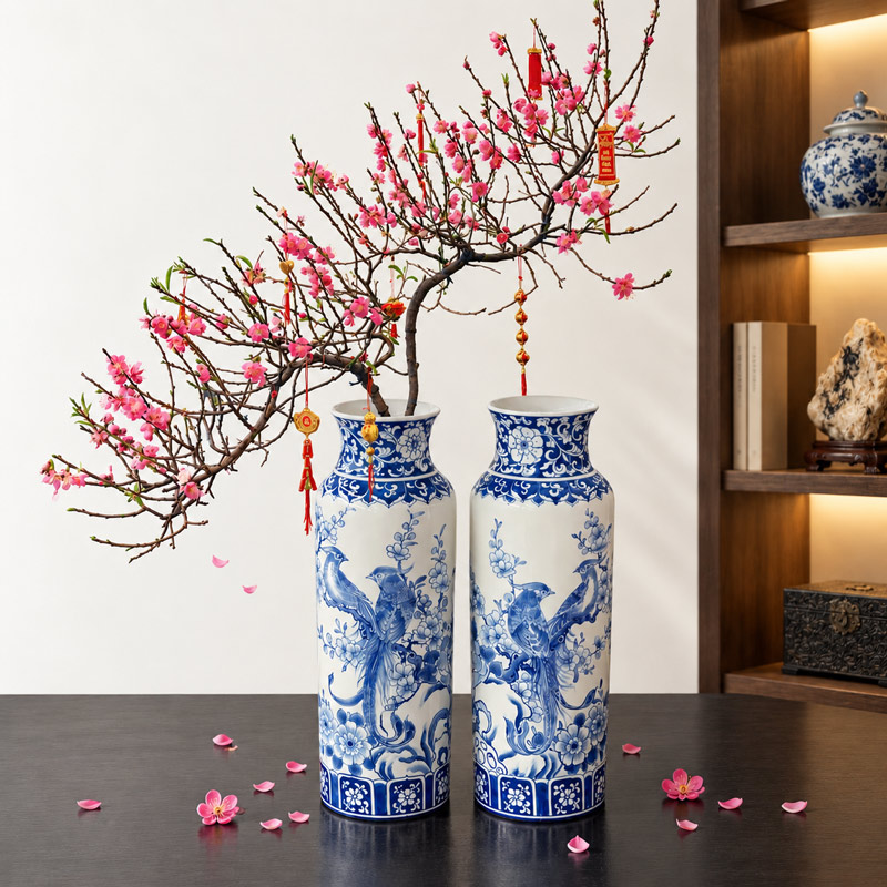 Blue and White Porcelain Bottle Vases with Pheasant and Plum Blossom Motifs