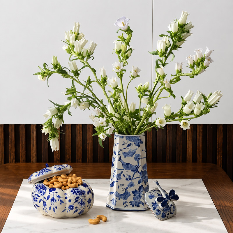 Blue and White Pumpkin Vase and Bell-Shaped Jar with White Flowers
