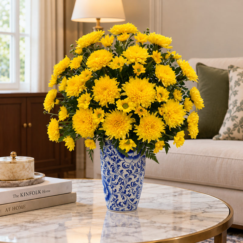 Blue and White Vase with Yellow Chrysanthemums for Living Room Decor, Decorative Porcelain Flower Vase for Home