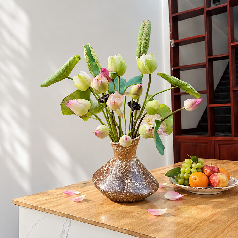 Brown Rustic Vase with Pink and White Lotus Blooms for Table Decor