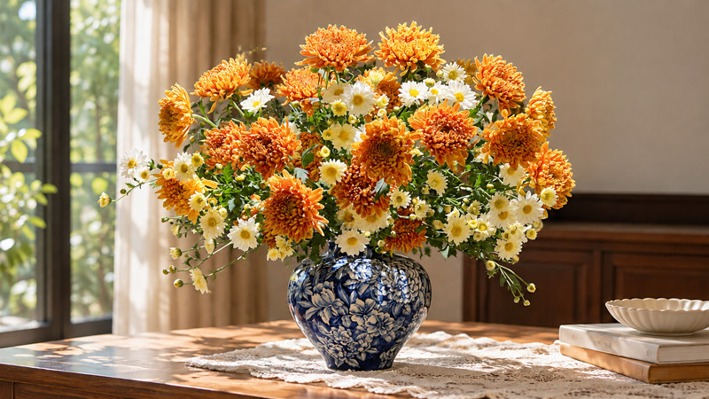 Ceramic Vase With Chrysanthemum Floral Arrangement for Living Room Decor