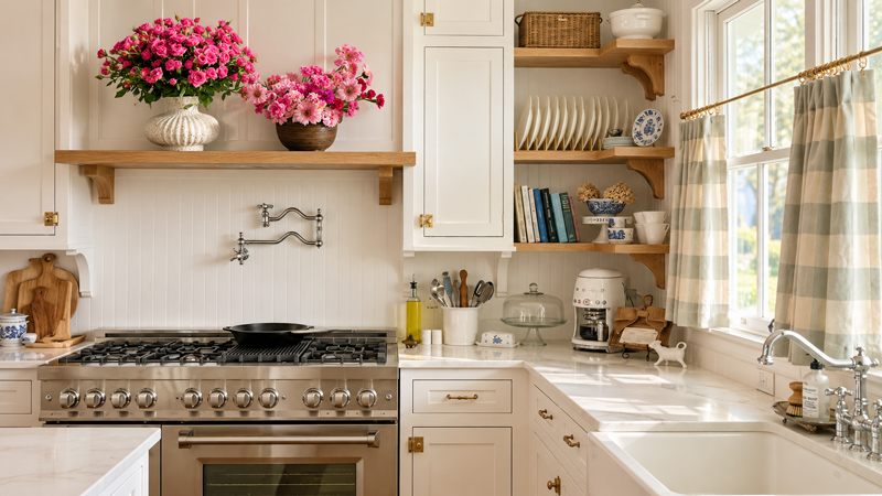 Ceramic Vases with Rose Bouquets Decorating a Kitchen Shelf