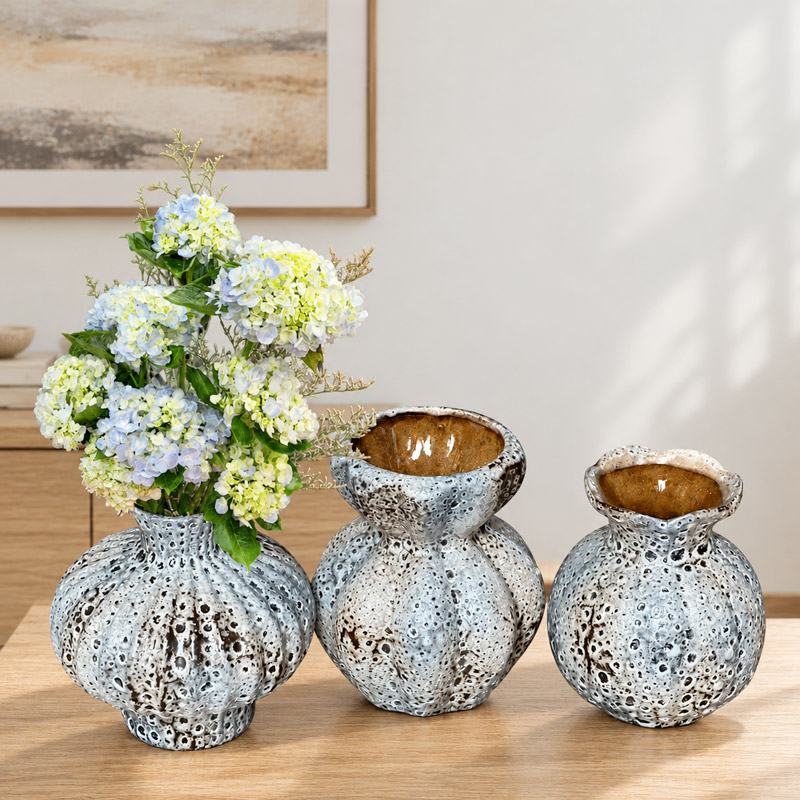 Grey Rustic Vase Set of 3, Round Ceramic Vases with Hydrangea Flowers