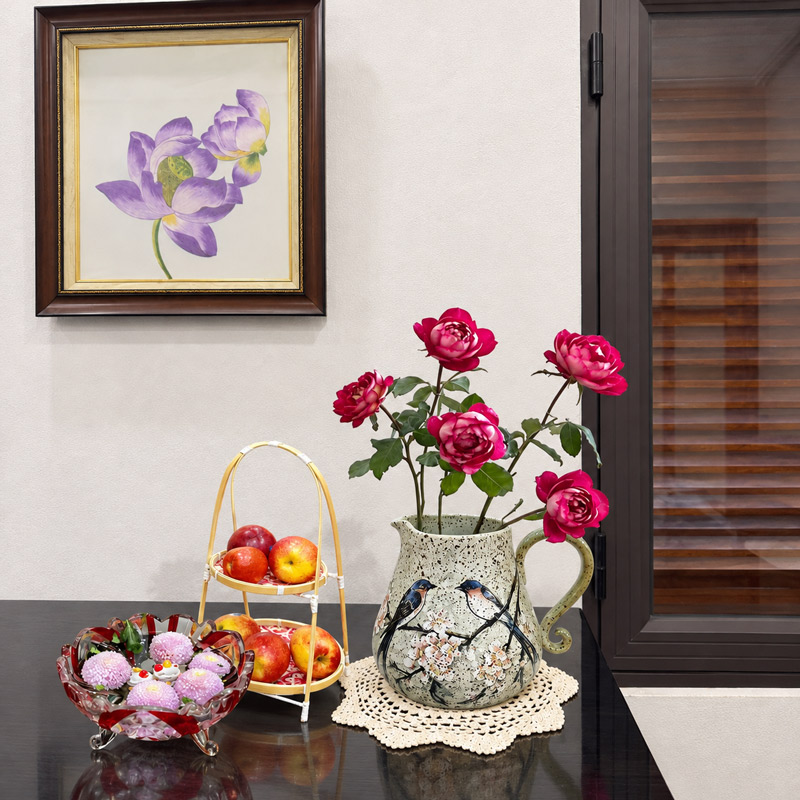 Hand Painted Ceramic Pitcher Vase with Bird and Floral Design for Living Room Table Decor