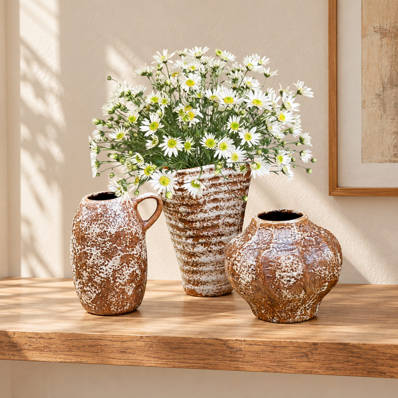 Rustic Brown Ceramic Vase Set of 3, Vintage Farmhouse and Rustic Home Decorations