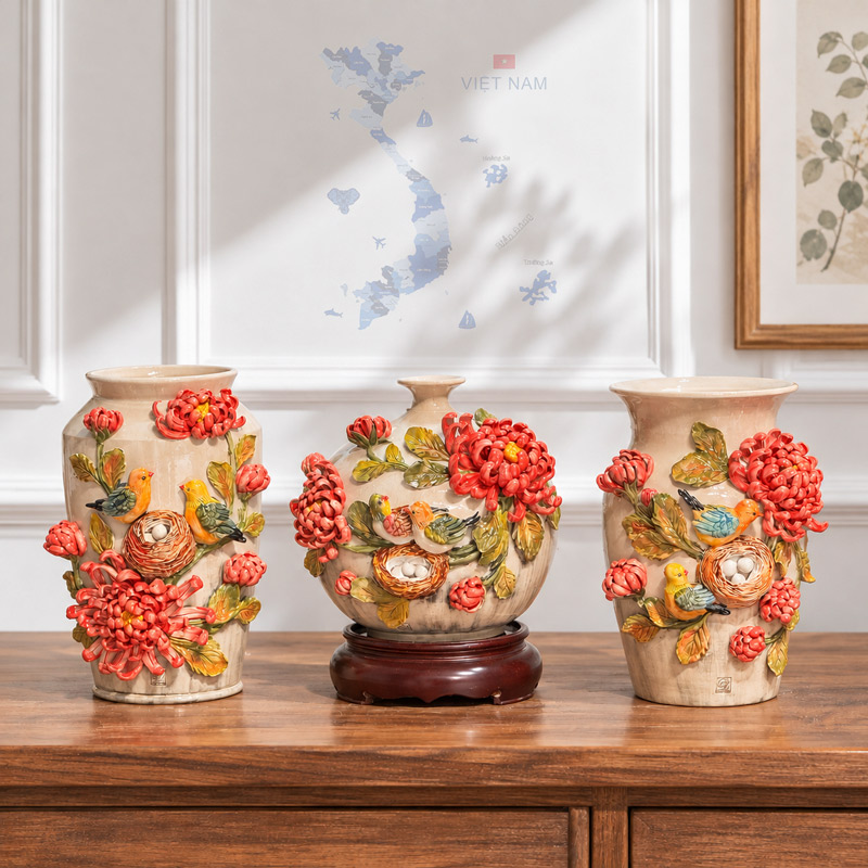 Set of 3 Ceramic Vases with Red Chrysanthemum Embossed Flowers, Decorative Vase for Home Decor