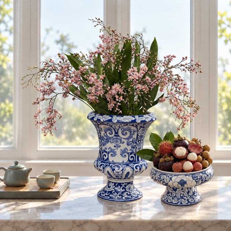 Vintage Blue and White Ceramic Urn Vase, Decorative Porcelain Flower Vase for Living Room and Table Centerpiece